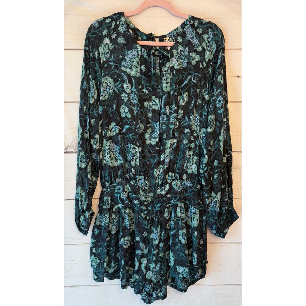 Free People Floral Long Sleeve Romper Green Teal Smocked Open Back OB1566937 M